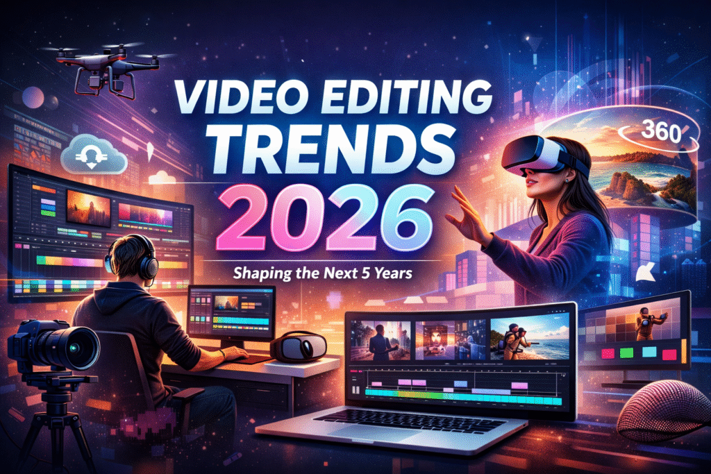 Video Editing Trends 2026 illustrating modern editing styles, immersive visuals, and evolving content formats